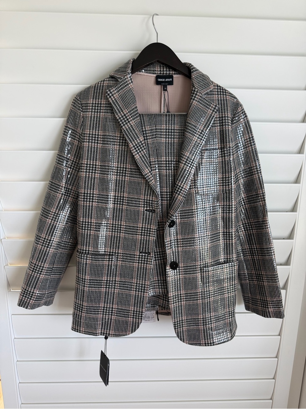 Giorgio Armani Men's Plaid Blazer in Beige, Black and Pink Accent